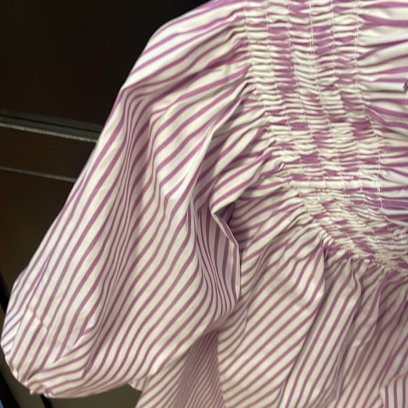 NWOT CAROLINE CONSTAS OFF SHOULDER TOP STRIPED WHITE & PURPLE. Size SMALL - Picture 7 of 8
